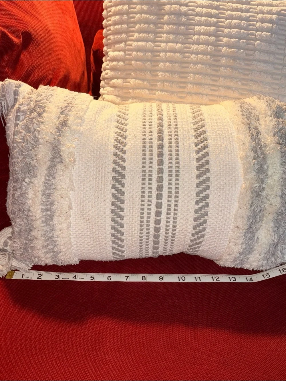 Textured Ivory Toss Pillow with Gray Stripe & Tassels